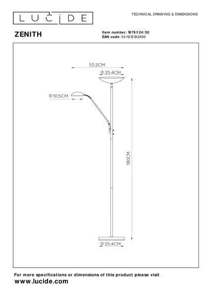 Lucide ZENITH - Floor reading lamp - LED Dim. - 3000K - Black - technical